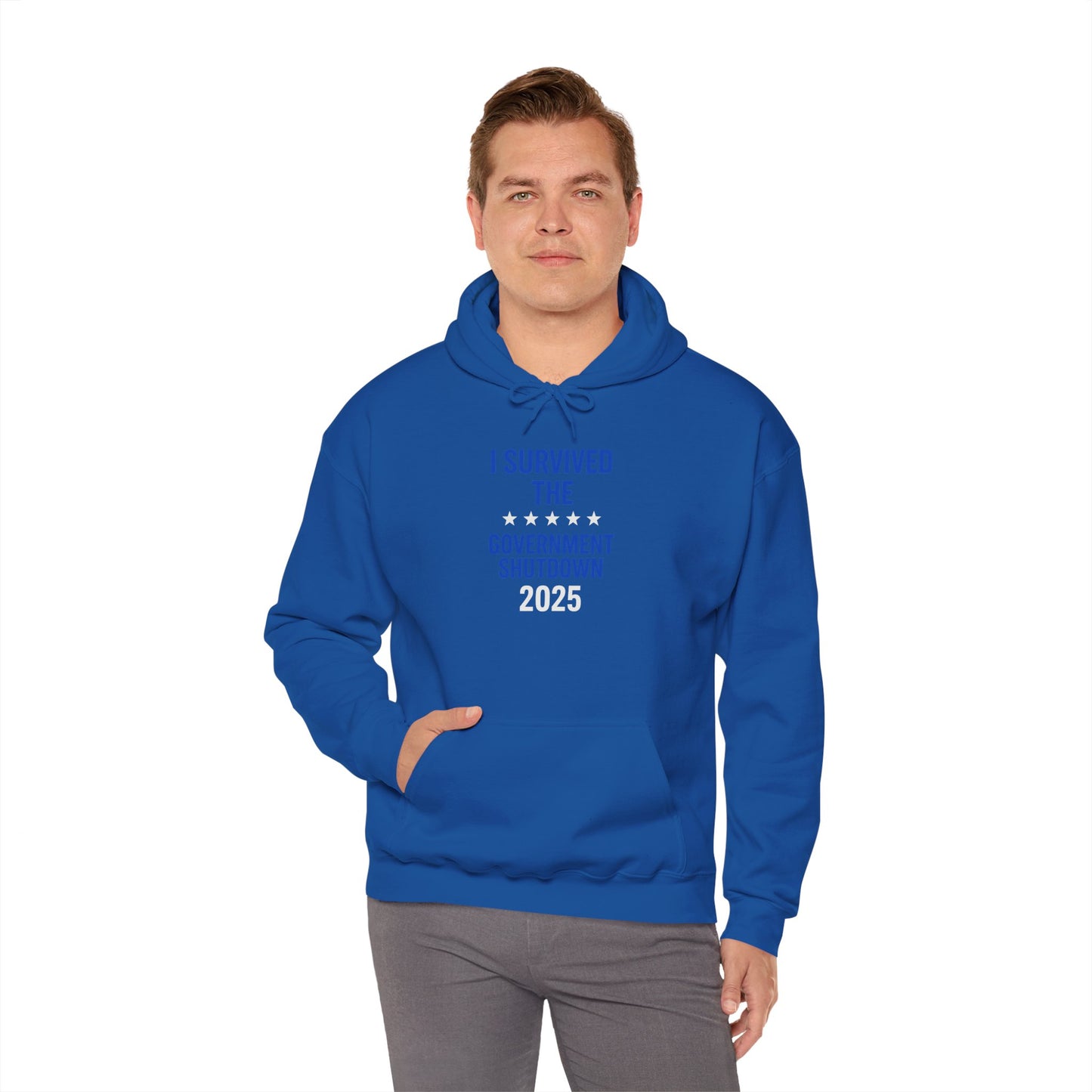 Royal blue and white "I Survived the Government Shutdown" Pullover